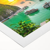 Art deco poster featuring a serene Vietnamese landscape in muted green and blue tones, ideal for dining room wall art.