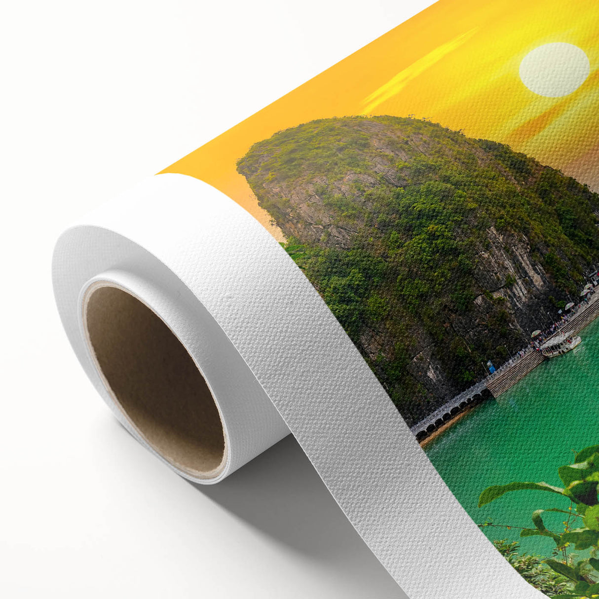 Art deco poster featuring a serene Vietnamese landscape in muted green and blue tones.