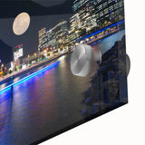 Large abstract wall art of Perth skyline in muted blue tones on acrylic glass, suitable for dining room ambiance.