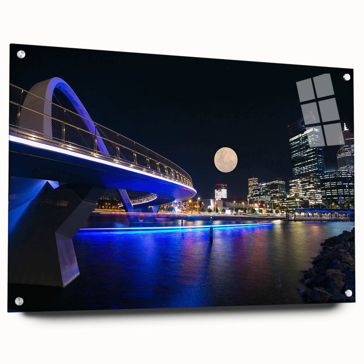 Acrylic glass print of Perth, Australia skyline in muted blues and greens, suitable for bedroom or dining room decor.