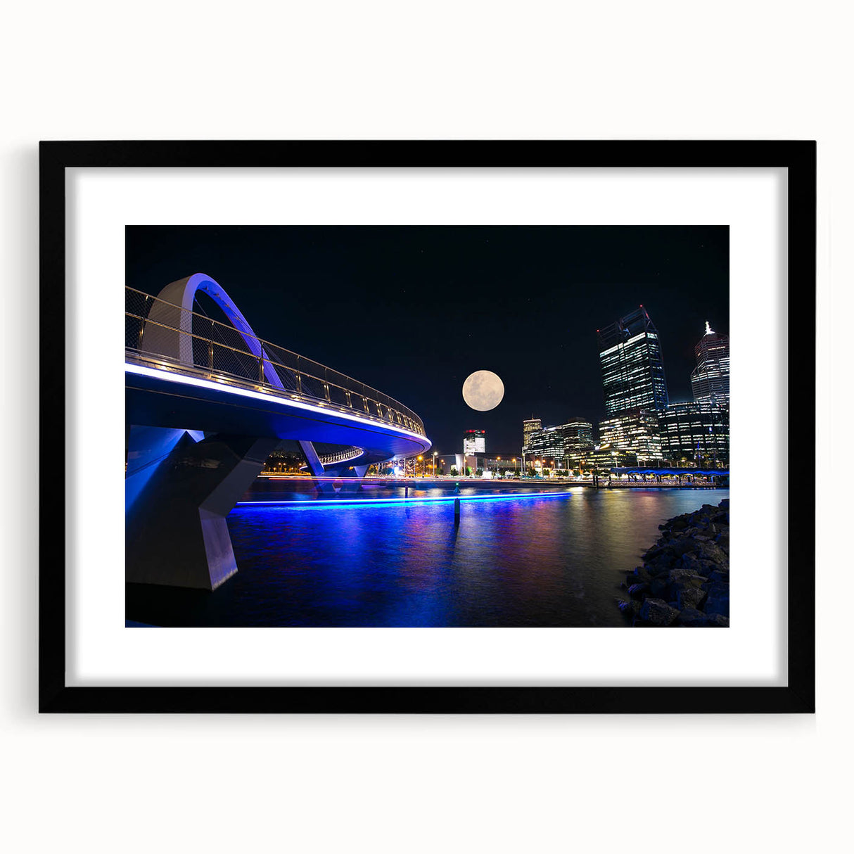 Extra large abstract art print depicting a colorful, textured scenery of Perth, on a black framed canvas.