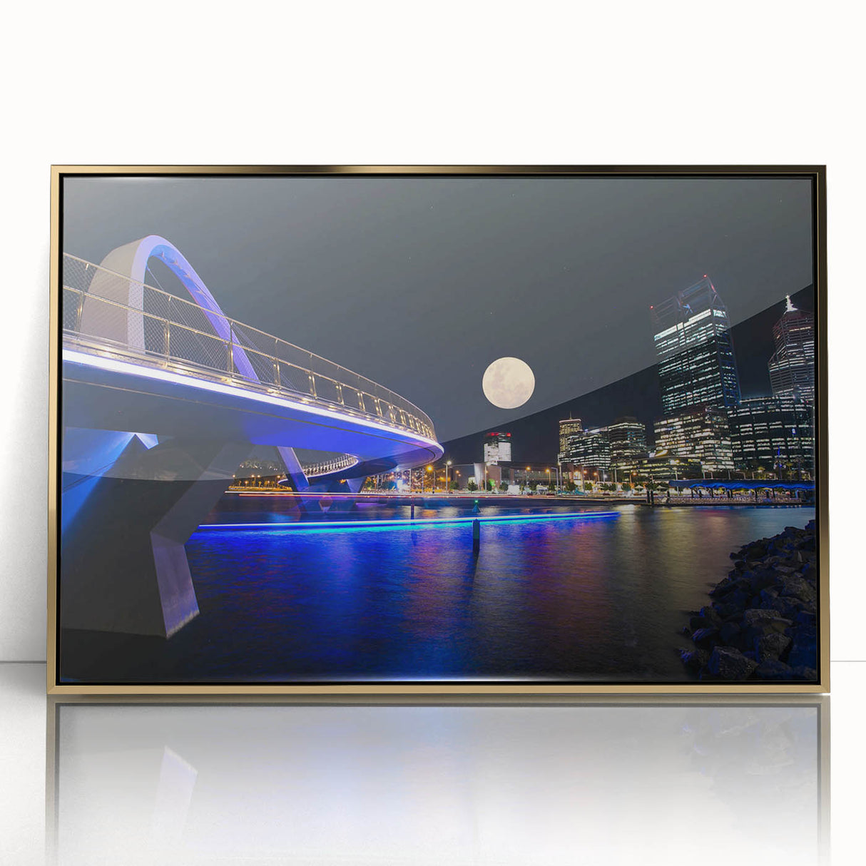 Mid-century modernist art depicting the Perth skyline in subdued gold tones on a framed acrylic print.