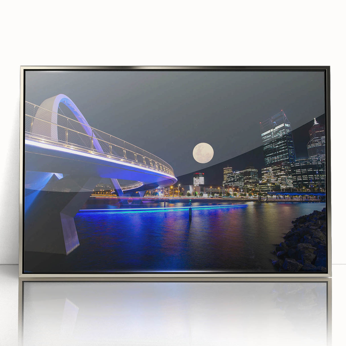 Art deco poster of Perth skyline in silver frame, acrylic print, suitable for modern art wall decor.
