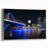 Vintage poster art of Perth skyline in vibrant colors on a large framed canvas, ideal for living room decor.