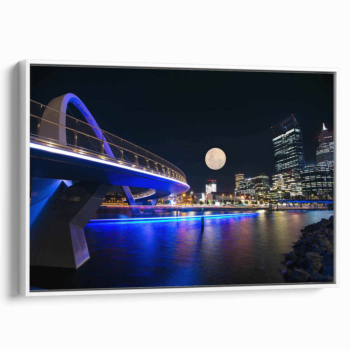 Framed canvas depicting a vintage-style Perth landscape in black and white tones, ideal for bedroom wall art.