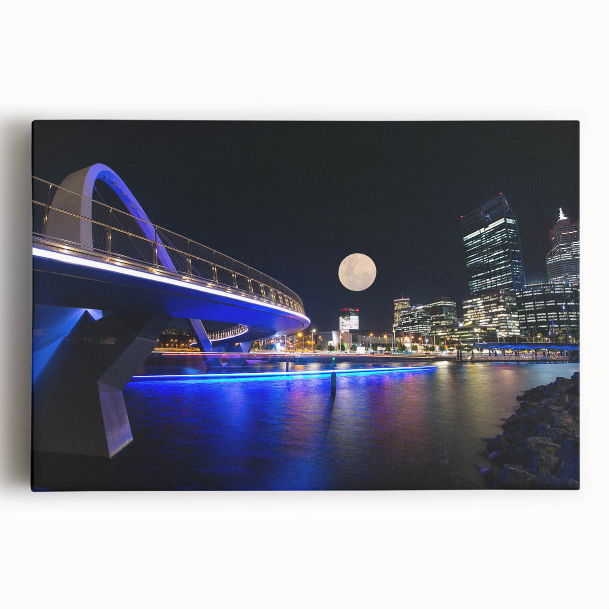 Black and white stretched canvas of Perth skyline, ideal for kitchen art, in a minimalist style.