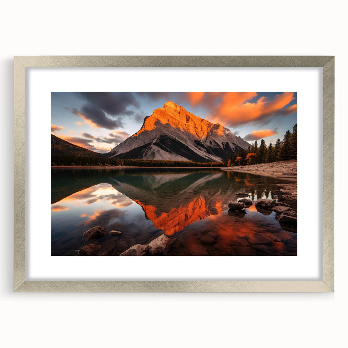 Textured art print of Alberta, Canada scenery in abstract style with muted earth tones, framed in silver.
