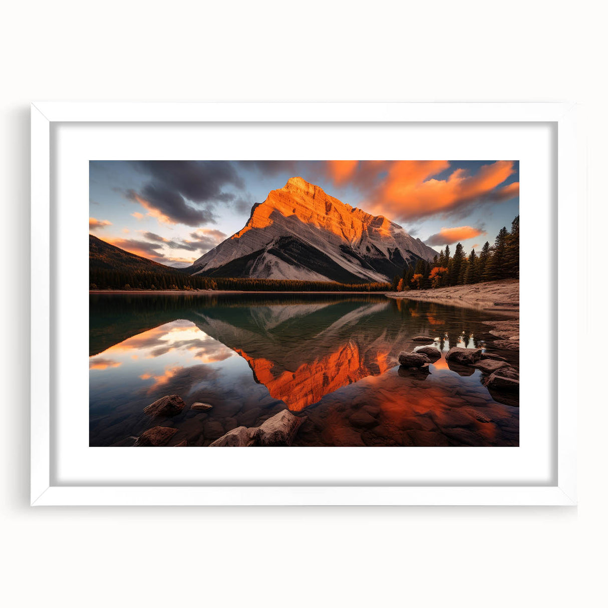 Abstract art print depicting a serene Alberta landscape in muted green and blue tones, framed with a white mat.