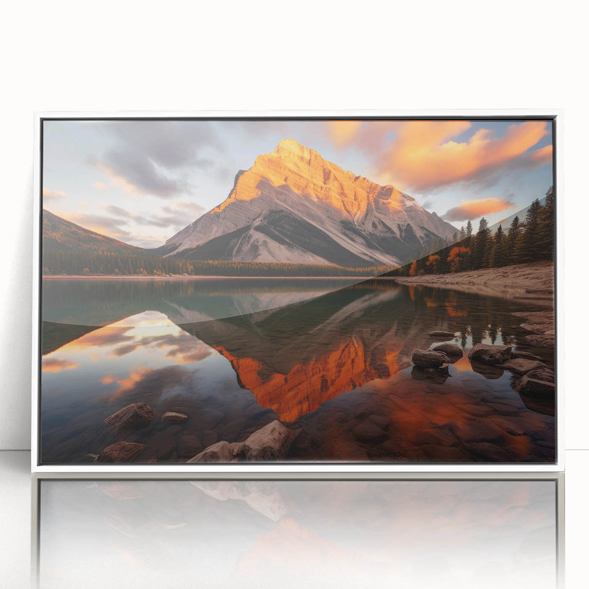 Acrylic print of a serene Alberta, Canada landscape in muted earth tones, framed in white.