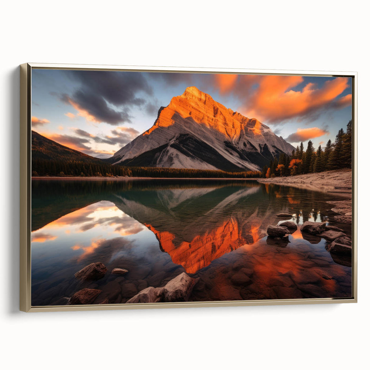 Framed canvas featuring a vintage-style landscape painting of Alberta, Canada in muted gold and black tones.