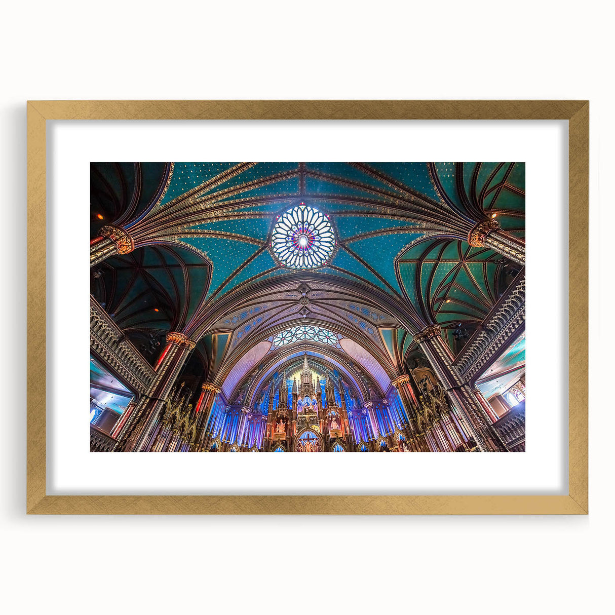Extra large abstract art print of Quebec scenery in textured colors, framed in gold, ideal for living room decor.