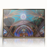 Large art print of Quebec scenery in mid-century modernist style, framed in gold acrylic, suitable for modern art wall decor.