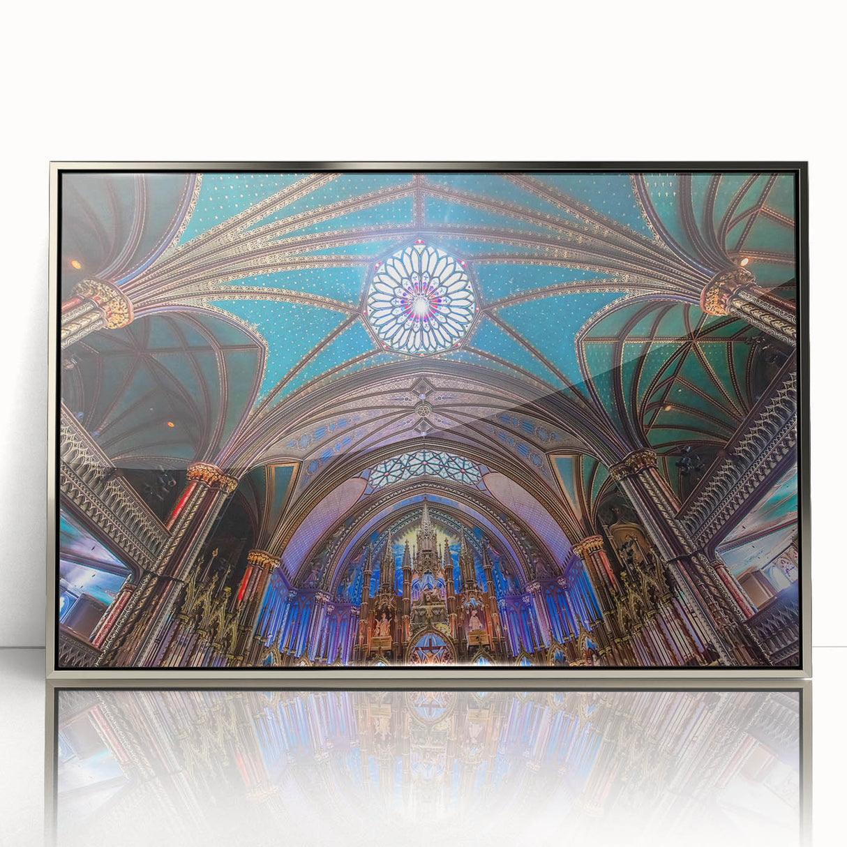 Mid-century modernist art depicting Quebec scenery in muted earth tones on a silver-framed acrylic print.