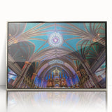 Mid-century modernist art depicting Quebec scenery in muted earth tones on a silver-framed acrylic print.