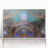 Acrylic print of Quebec landscape in art deco style with cool tones, framed in white, suitable for modern nursery decor.