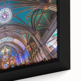 Extra large framed canvas of a textured Quebec scenery in black with colorful accents, suitable for living room decor.