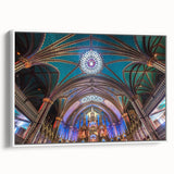 Vintage poster art of Quebec scenery on white framed canvas, with colorful art accents, suitable for large living room walls.