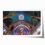 Extra large rolled print of Quebec scenery with vivid green and blue floral accents, suitable as art wall dining room.