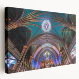 Scenic Quebec landscape on stretched canvas, featuring muted green and blue tones, ideal for kitchen wall art.