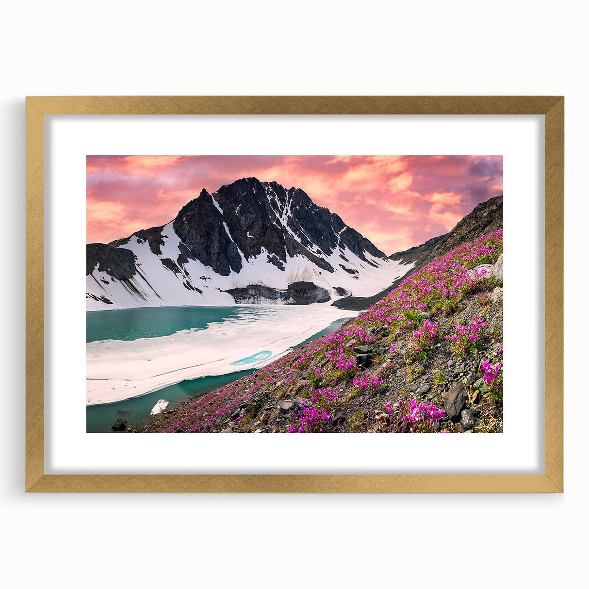 Extra large abstract art print of a textured Yukon landscape in muted earth tones, framed in gold.