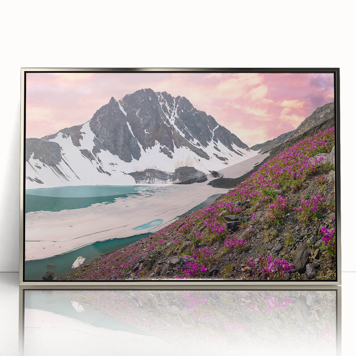 Mid-century modernist art depicting Yukon scenery in acrylic, with a silver frame, suitable for modern art wall decor.