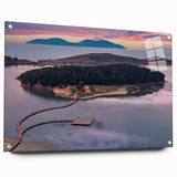 Large abstract wall art featuring muted tones of a European Albanian scenery on acrylic glass, ideal for dining room decor.