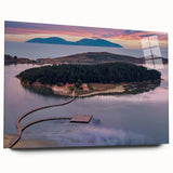 Large abstract wall art depicting a European Albanian landscape on acrylic glass, in muted earth tones.