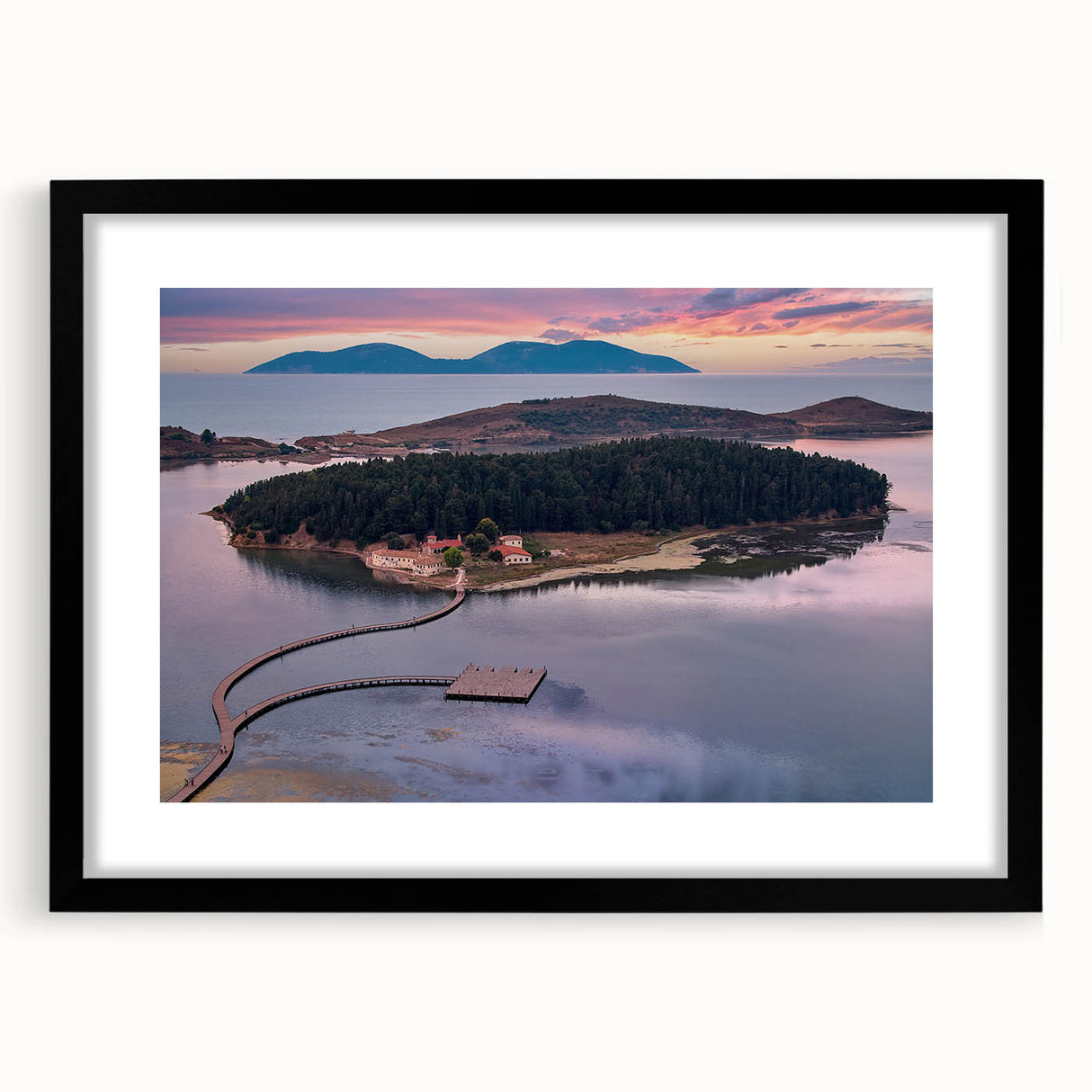 Extra large abstract art print featuring vibrant, colorful scenery of Albania on a textured canvas, framed in black.