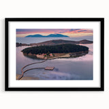 Extra large abstract art print featuring vibrant, colorful scenery of Albania on a textured canvas, framed in black.