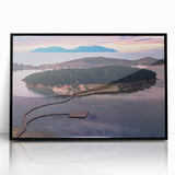 Large abstract wall art depicting a European Albanian scenery in muted earth tones, framed in black acrylic.