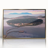 Art deco poster depicting a European Albanian scenery in gold tones on a framed acrylic, suitable for modern art wall decor.