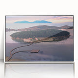 Mid-century modernist art depicting a European Albanian landscape in muted green and blue tones.