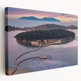 Landscape painting of an Albanian scenery on a stretched canvas, featuring muted earth tones, ideal for kitchen wall art.