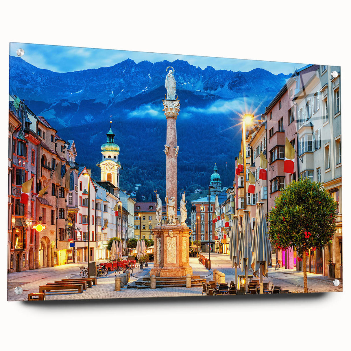 Large abstract wall art depicting a European scenery in Austria with muted earth tones on acrylic glass.