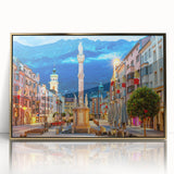 Art deco poster depicting a scenic European landscape in gold and blue tones on acrylic, ideal for modern art wall decor.