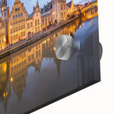 Large abstract wall art depicting a European scenery in muted colors on acrylic glass, suitable for dining room ambiance.