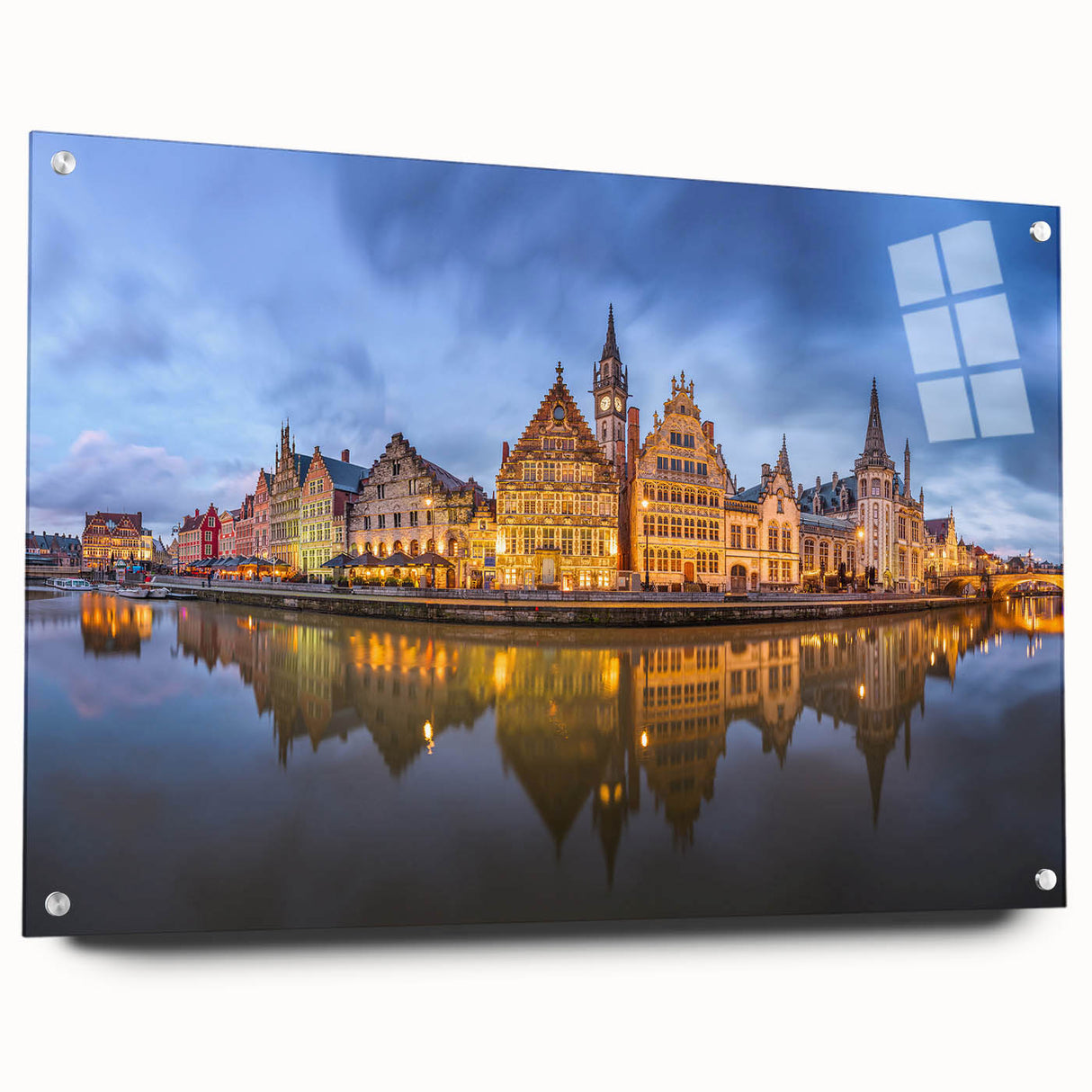 Acrylic print of a European cityscape in muted gray and blue tones, ideal for dining room art.
