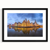 Abstract art print of European scenery in vibrant colors on a large framed canvas, ideal for living room decor.