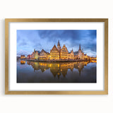 Abstract art print of a European cityscape in muted gold and gray tones on a framed canvas, suitable for dining room decor.