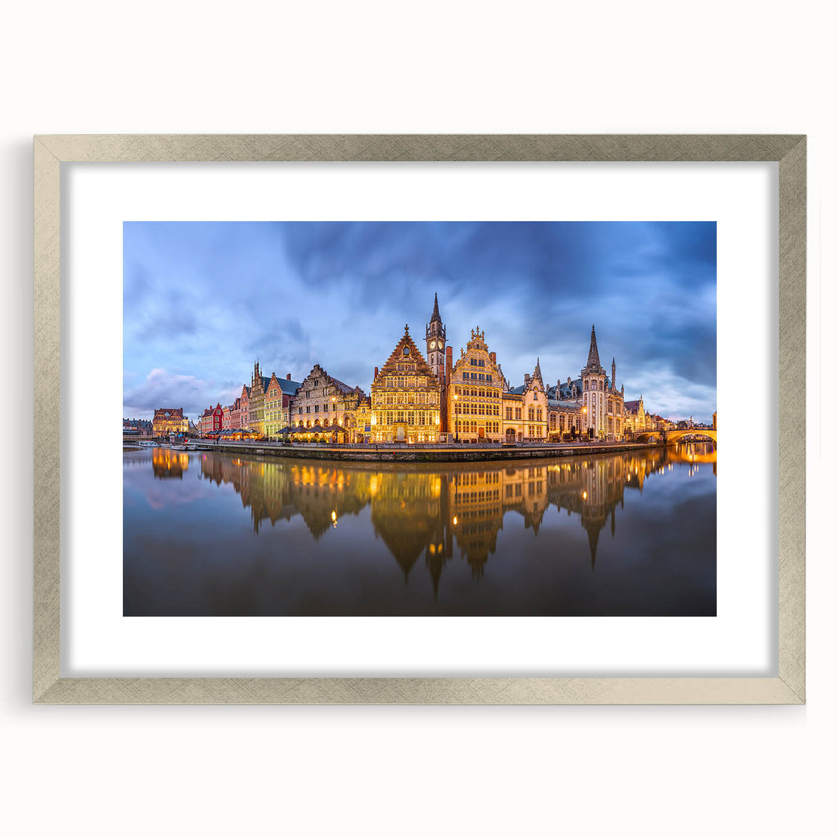 Extra large abstract art print of a European scenery in muted earth tones, framed in silver, ideal for living room decor.
