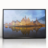 Large abstract wall art depicting a European cityscape in muted gray and blue tones on a framed acrylic print.