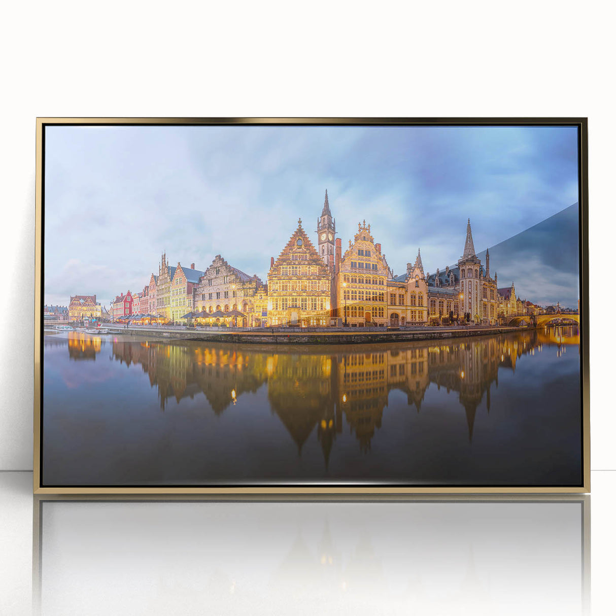 Art deco poster of a European scenery in Belgium, framed in gold acrylic, suitable as modern art wall decor for nurseries.