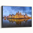 Black and white framed canvas of a vintage European landscape, ideal for bedroom wall art.