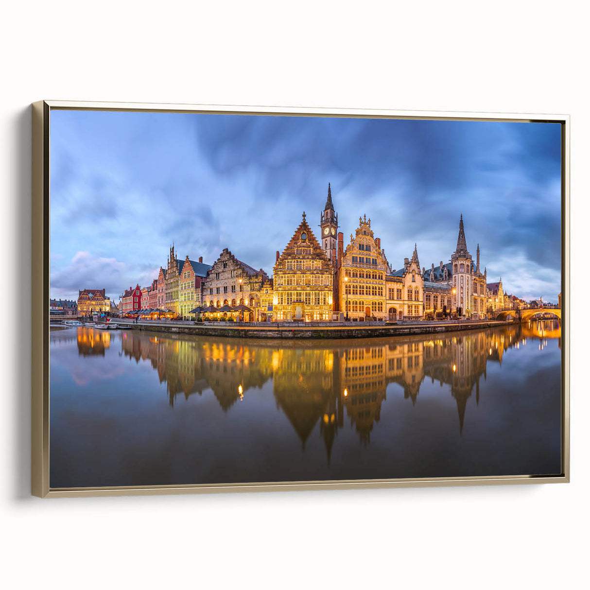 Framed canvas featuring a vintage-style landscape painting of a Belgian scenery in muted earth tones.