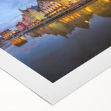 Art deco poster of a European cityscape in muted earth tones on rolled canvas, ideal for dining room decor.