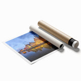 Extra large rolled print of a European scenery with vibrant floral elements, ideal for classy bathroom wall art.