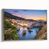 Framed canvas landscape art painting of a Croatian coastal scene in vibrant colors, ideal for living room decor.