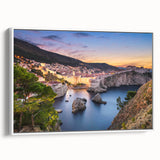 Vintage poster art of a Croatian landscape on framed canvas, featuring vibrant colors, ideal for living room decor.