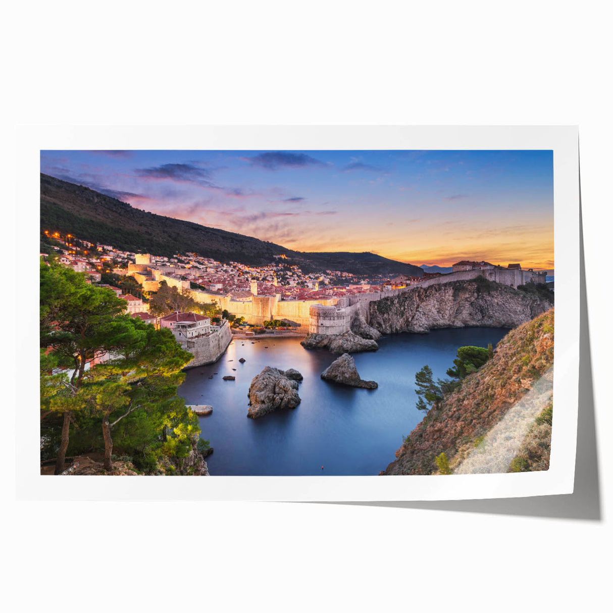 Extra large rolled print depicting a Croatian landscape with vibrant green and blue tones, ideal for dining room wall art.