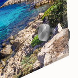 Large abstract wall art depicting a European Cyprus scenery in muted earth tones on acrylic glass.